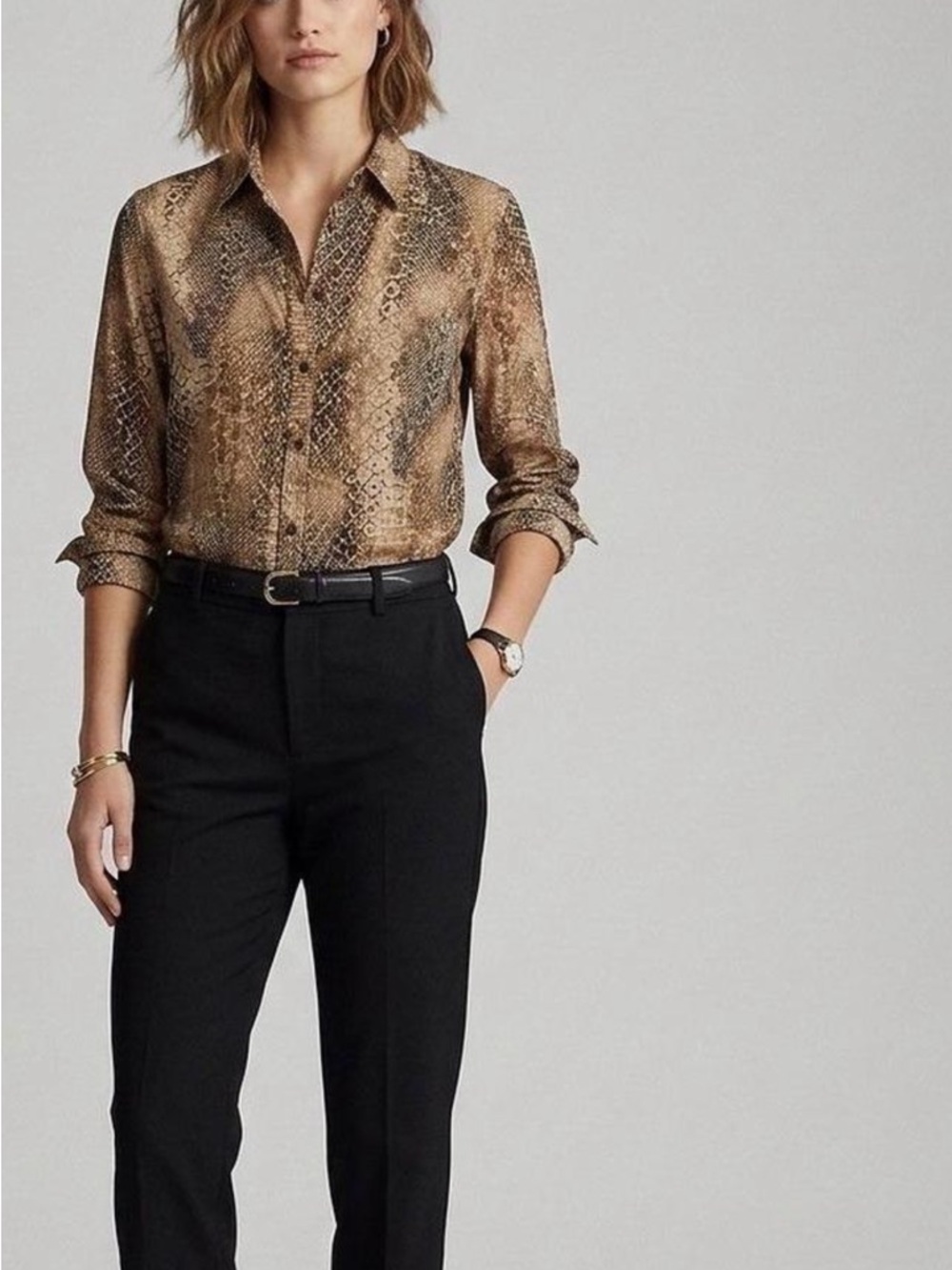 Lauren Ralph Lauren Brown and Beige Snake-Print Button Shirt Size S